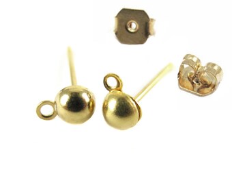 Gold Plated Domed Stud Earring Findings (8 pairs) (F618)