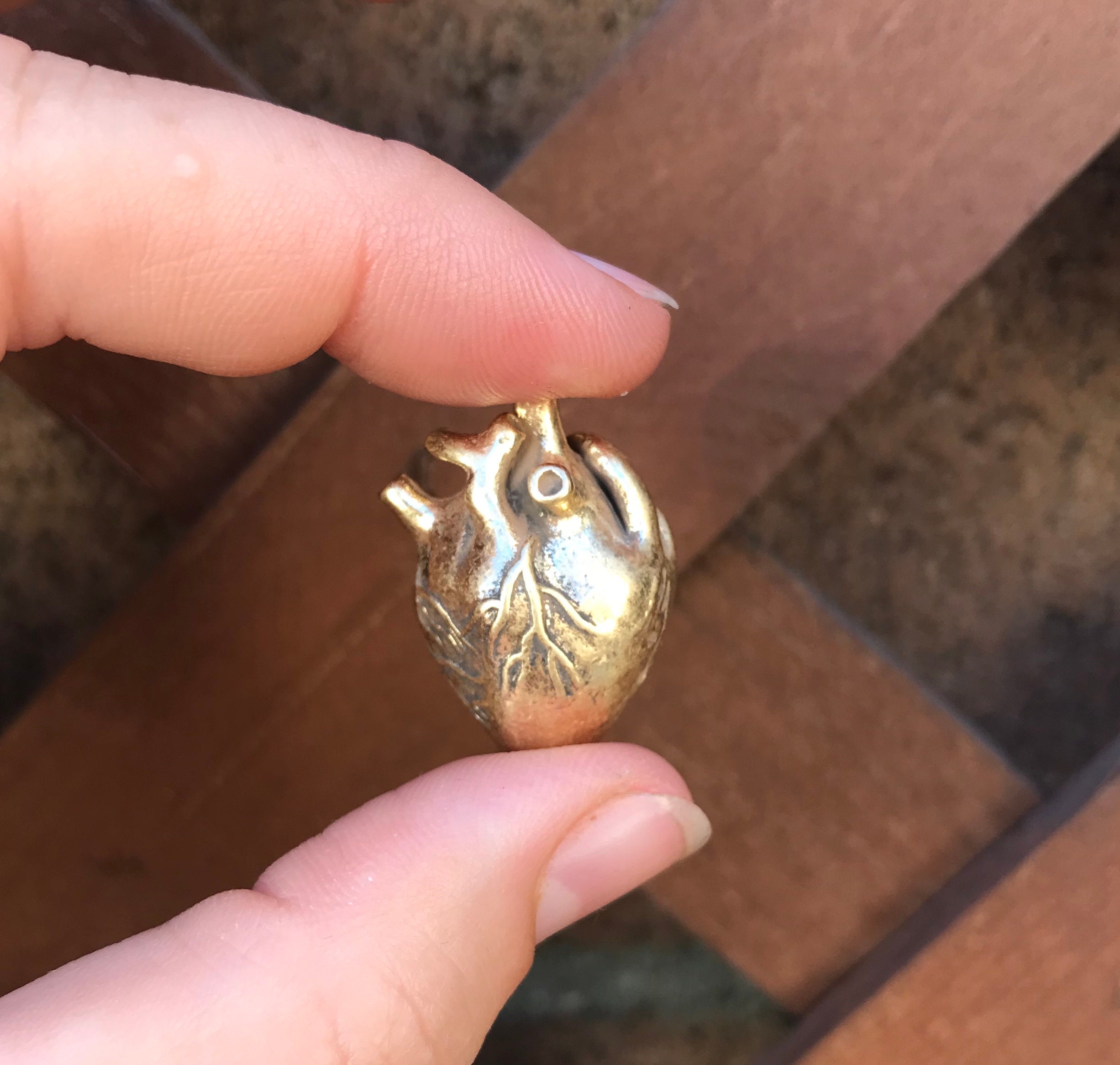 Large 3D Anatomical Human Heart Pendant - Antiqued Gold Plated (2x