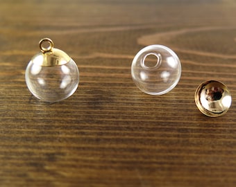 Hollow Glass Ball Pieces with Gold Plated Cap Findings - 14mm  (2X) (K317-A)