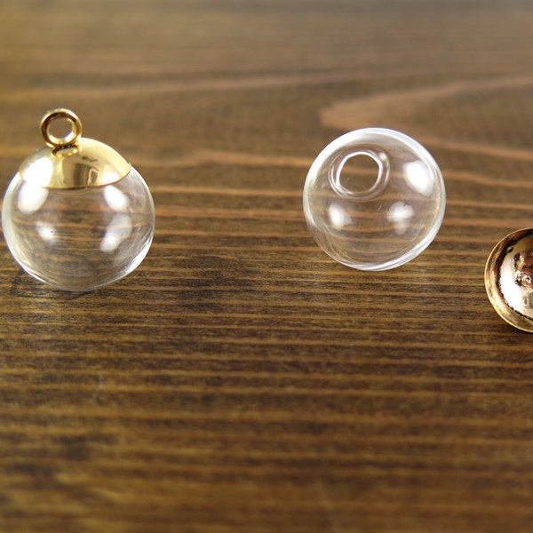 Hollow Glass Ball Pieces with Gold Plated Cap Findings - 14mm  (2X) (K317-A)