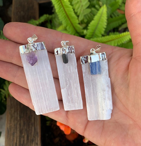 Silver Plated Selenite Crystal Blade with AMETHYST Point Pendant PT39BT 
