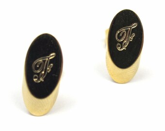 Vintage Gold Plated Oval Script Initial Letter - F - Stud Earrings (2 pairs) (J572-F) SALE - 50% off