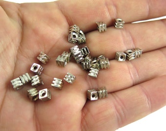 Vintage Pewter Square Striped Cube Beads (20X) (B595)