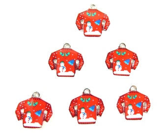 Rhodium Plated Red Ugly Christmas Sweater Charms (2x) (K314-B)