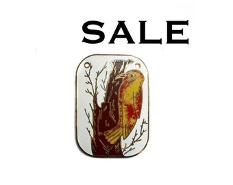 HUGE Vintage Spring Enamel Woodpecker Bird and Flower Pendant (E530) SALE 25% off