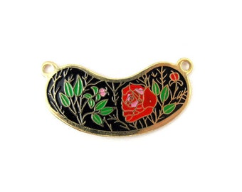 Vintage Red Rose and Pink Flower on Black Cloisonne Enamel Pendants (4X) (E513-A)