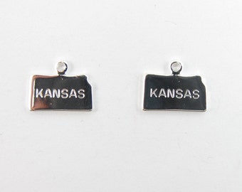 Engraved Tiny SILVER Plated on Raw Brass Kansas State Charms (2X) (A415-B)