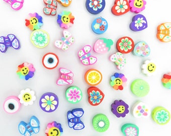 Random Mix of Polymer Clay Beads - Flowers ~ Fruit ~ Smiley Face ~ Evil Eye  ~ Butterfly and More!