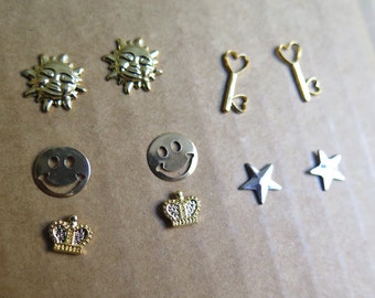 Vintage Plated Stud Earrings - Smiling Sun - Smiley Face - Crown - Heart Skeleton key - Nautical Star - You Choose (4 pairs) (J550)