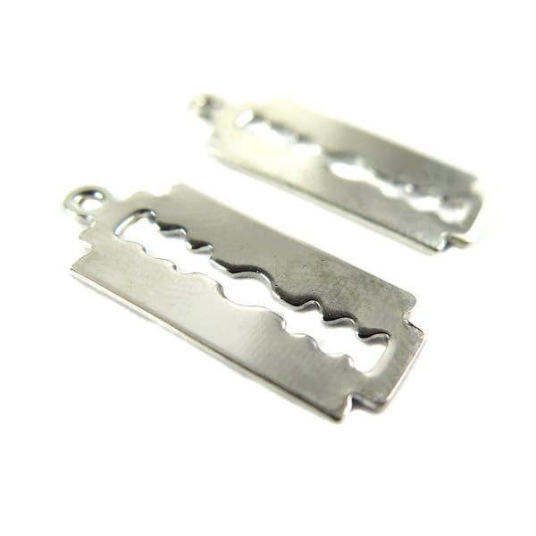 Vintage Style Rhodium Plated Razor Blade Engraving Charms (4X) (M704-B)