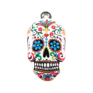 Rhodium Plated Colorful White Enamel Sugar Skull Charms (2x) (K309-B)