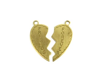 29mm Brass "Friends Forever" Broken Heart Charms (4X) (M580-A)