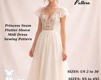Sukienka midi Princess Seam z bufiastymi rękawami i wykrojem do szycia (do pobrania w wersji cyfrowej)
