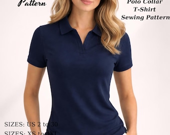 Polo Collar T-Shirt Sewing Pattern Women_s Basic Top (Sizes XS-4XL) (PDF Pattern,Dijital Download)