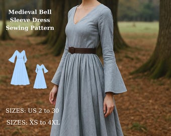 Light Blue Medieval Bell Sleeve Dress: Renaissance Gown Sewing Pattern (PDF Pattern, XS-4XL)