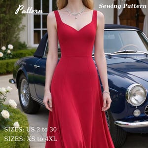 Puede incluir: Vestido de noche rojo con escote en V y falda fluida. La imagen incluye el texto "Fashion Wind Pattern" y "Red Valentine's Day Evening Dress Sewing Pattern". Tallas: US 2 a 30 y XS a 4XL. Un coche azul está en el fondo.