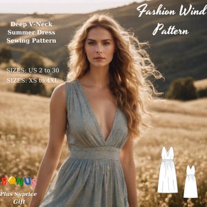 Puede incluir: Un patrón de costura para un vestido de verano con cuello en V profundo. El patrón incluye las tallas US 2 a 30 y XS a 4XL. El patrón se muestra en una modelo que lleva un vestido azul claro. El patrón también incluye un regalo de bonificación plus suprice.