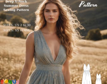 Naaipatroon Cottagecore maxi-jurk: zomerjurk met diepe V-hals (digitale download)