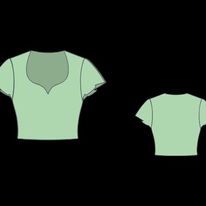 May include: Two light green crop tops are displayed against a black background. The first top has a scoop neckline and short sleeves. The second top is a smaller version of the first, showing the back of the shirt.