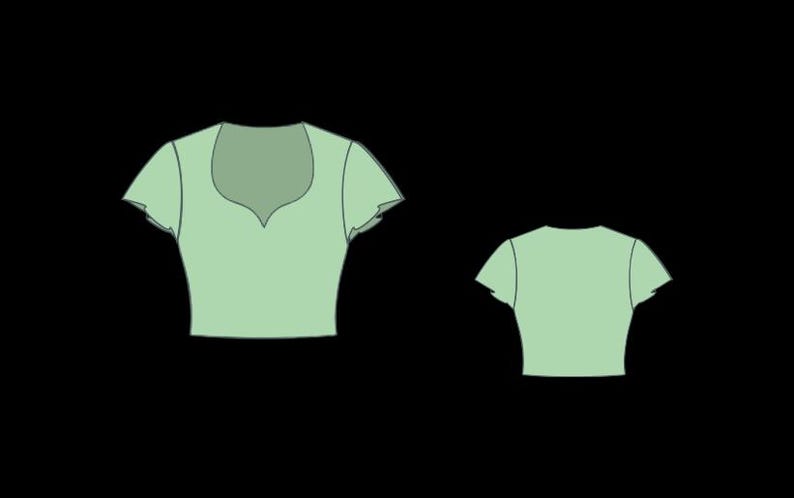 May include: Two light green crop tops are displayed against a black background. The first top has a scoop neckline and short sleeves. The second top is a smaller version of the first, showing the back of the shirt.