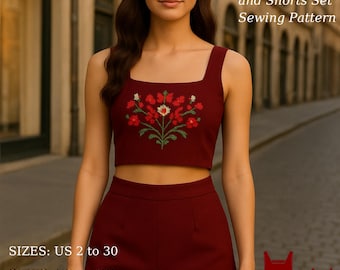 Burgundy Floral Embroidered Crop Top and Shorts Sewing Pattern (PDF Download XS-4XL)