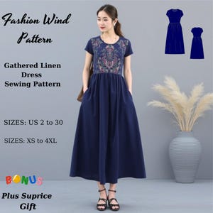 Gathered Linen Dress Sewing Pattern: Empire Waist, Short Sleeve (Digital Download)