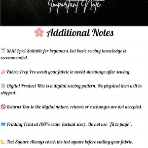 May include: A digital sewing pattern with the text "Fashion Wind Pattern" and "Important Note". Additional notes include skill level, fabric prep, digital product details, returns policy, printing instructions, test square advice, and support information.