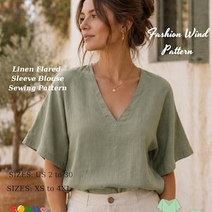 Wzór na bluzkę z rozszerzanymi rękawami z lnu, bluzka w stylu vintage z dekoltem w serek (XS-4XL) (wzór w formacie PDF, pobierz wersję cyfrową)