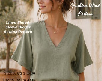 Linen Flared Sleeve Blouse Sewing PatternVintage V-Neck Top (XS-4XL) (PDF Pattern,Dijital Download)
