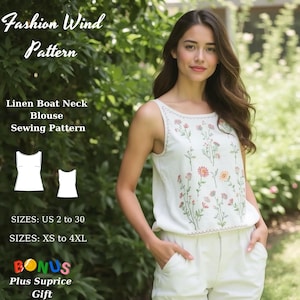 Puede incluir: Una mujer con una blusa blanca de lino con cuello barco y bordado floral. La imagen incluye el texto "Fashion Wind Pattern" y "Linen Boat Neck Blouse Sewing Pattern". Las tallas van de US 2 a 30 y de XS a 4XL.