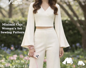 Flare Sleeve Crop Top & Wide Leg Pants Set, Minimal Chic Women’s, (PDF Pattern)