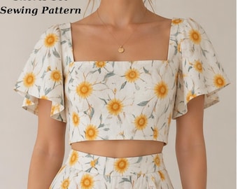 Floral Crop Top and Shorts Set, Square Neck  Blouse, High Waisted Shorts, (download pdf)