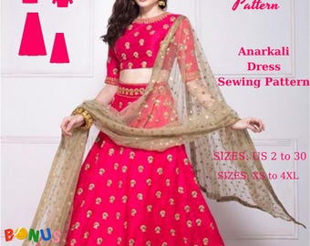 Anarkali Dress Sewing Pattern: Lehenga Choli, Indian Skirt (XS-4XL) (Digital Download)