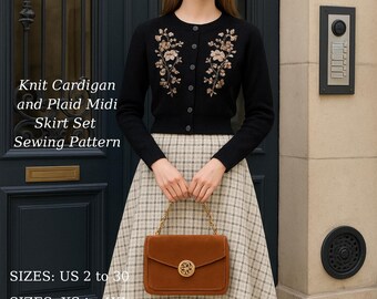 Knit Cardigan and Plaid Midi Skirt Set (PDF Pattern, XS-4XL)