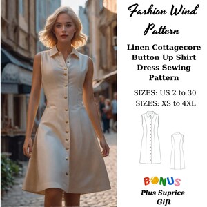 Naaipatroon linnen cottagecore-knoopjurk: mouwloze overhemdjurk (XS-4XL) (digitale download)