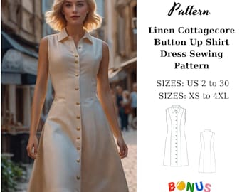 Linen Cottagecore Button Dress Sewing Pattern: Sleeveless Shirt Dress (XS-4XL) (Digital Download)