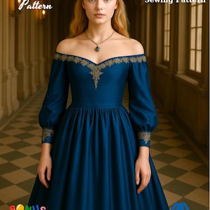May include: A royal blue off-the-shoulder gown with gold embroidery, long sleeves, and a full skirt. The image includes text that reads "Fashion Wind Pattern" and "Royal Blue Gown Sewing Pattern."