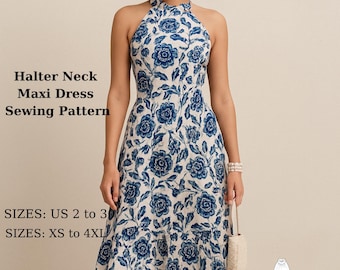 Halter Neck Maxi Dress Sewing Pattern: Cottagecore Boho Style (US 2-30, XS-4XL) (Digital Download)