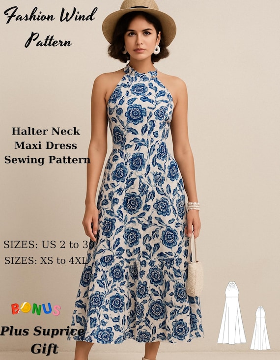 Halter Neck Maxi Dress Sewing Pattern: Cottagecore Boho Style (US 2-30,  XS-4XL) (digital Download) - Etsy