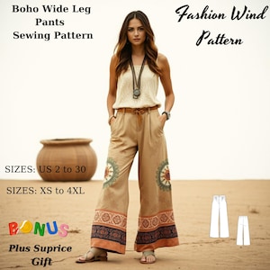 Pode incluir: Um padrão de costura para calças de perna larga com estilo boho. O padrão inclui os tamanhos US 2 a 30 e XS a 4XL. A imagem mostra uma mulher usando as calças com uma camiseta branca sem mangas e um cinto marrom. As calças têm uma estampa floral e uma perna larga.