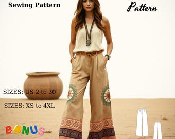 Boho Wide Leg Pants Sewing Pattern: Women's Palazzo Trousers (XS-4XL) (Digital Download)