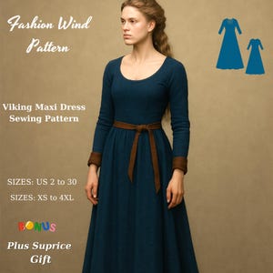 Pode incluir: Um padrão de costura de vestido maxi viking em teal. O vestido apresenta mangas compridas, um cinto castanho e punhos castanhos. A imagem inclui o texto "Fashion Wind Pattern" e "Viking Maxi Dress Sewing Pattern". Tamanhos disponíveis: US 2 a 30, XS a 4XL.