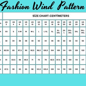 May include: Size chart in centimeters for women's clothing. The chart shows US sizes 2-30, international sizes XS-4XL+, and European sizes 32-60. Measurements are provided for bust/chest, waist, and hips circumference.