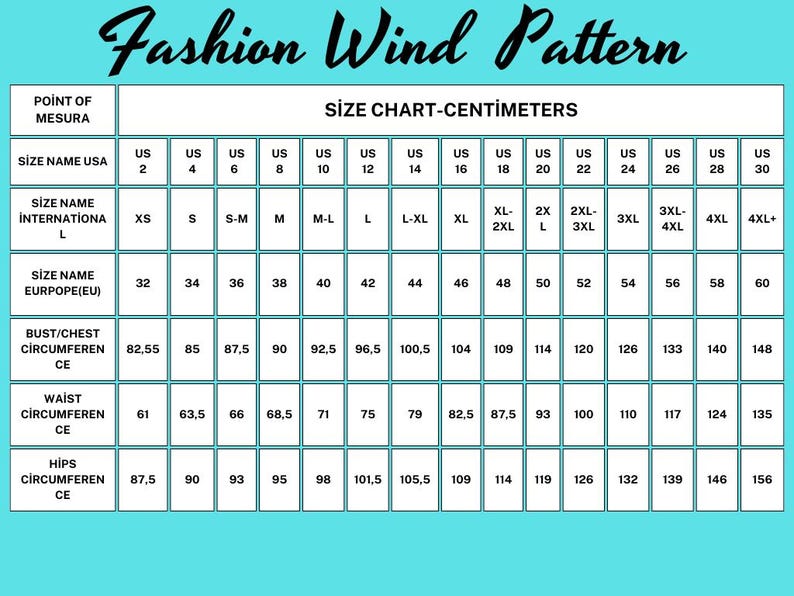 May include: Size chart in centimeters for women's clothing. The chart shows US sizes 2-30, international sizes XS-4XL+, and European sizes 32-60. Measurements are provided for bust/chest, waist, and hips circumference.