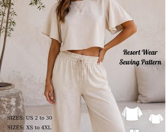 Resort Wear Linen Lounge Set Sewing Pattern, Wide Leg Pants Crop Top (Digital Download)