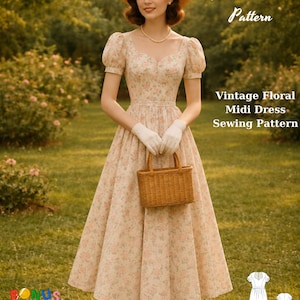 Op de afbeelding: Een vrouw draagt een vintage bloemen midi-jurk, een strohoed en witte handschoenen, met een gevlochten mand. De jurk heeft een bloemenpatroon en pofmouwen. De afbeelding bevat tekst: "Fashion Wind Pattern" en "Vintage Floral Midi Dress Sewing Pattern."