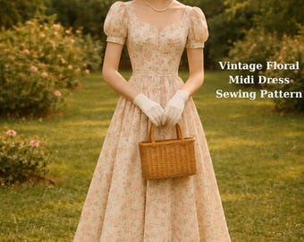 Vintage Floral Midi Dress with Puff Sleeves –Romantıc Cottagecore Summer Dress, (PDF Pattern)
