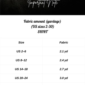 May include: A graphic with the text "Fashion Wind Pattern" and "Important Note" at the top. Below, a table shows fabric yardage needed for a skirt, with US sizes 2-30 and corresponding yardage amounts from 2.1 to 3.4 yards.