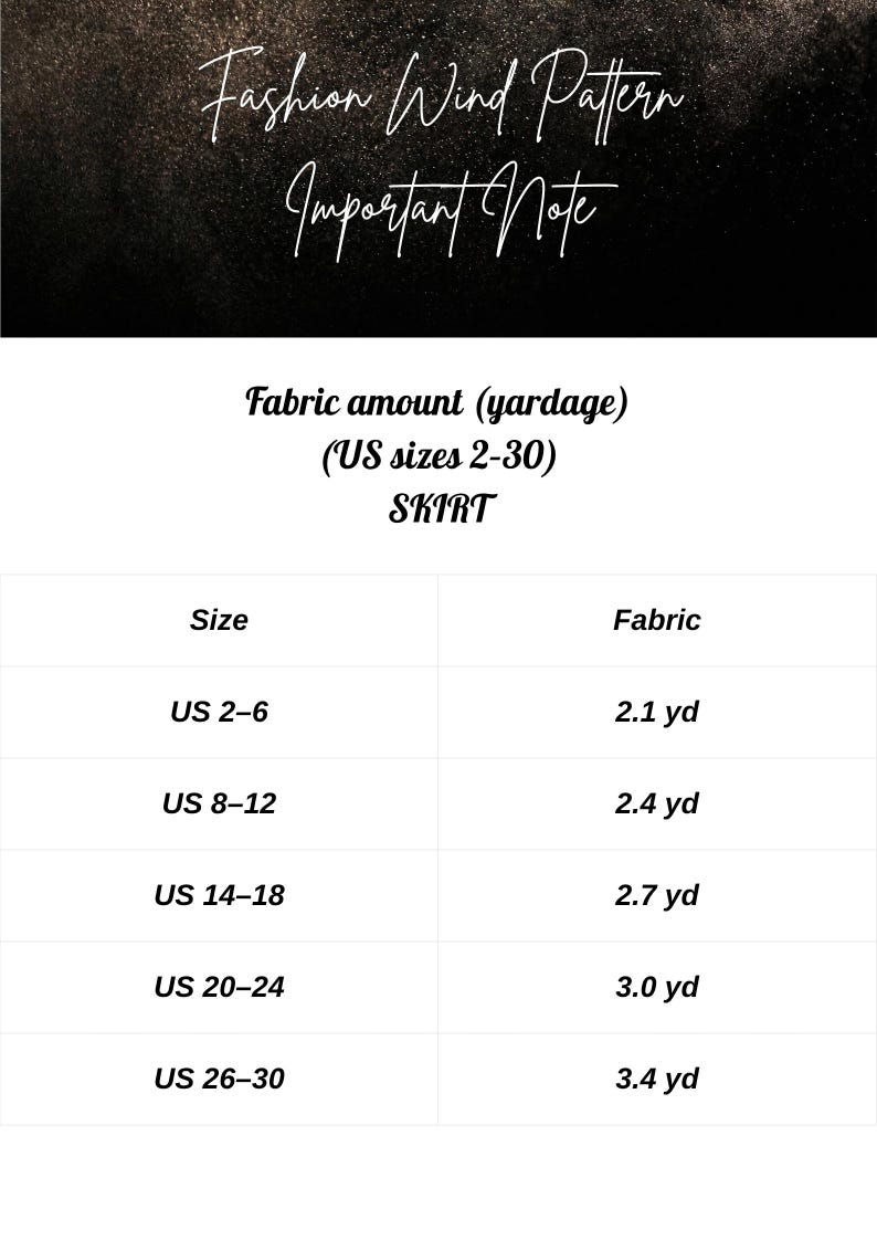 May include: A graphic with the text "Fashion Wind Pattern" and "Important Note" at the top. Below, a table shows fabric yardage needed for a skirt, with US sizes 2-30 and corresponding yardage amounts from 2.1 to 3.4 yards.