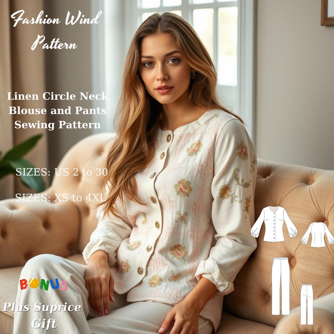 Linen Blouse & Pants Sewing Pattern: Circle Neck, Button Front (digital ...